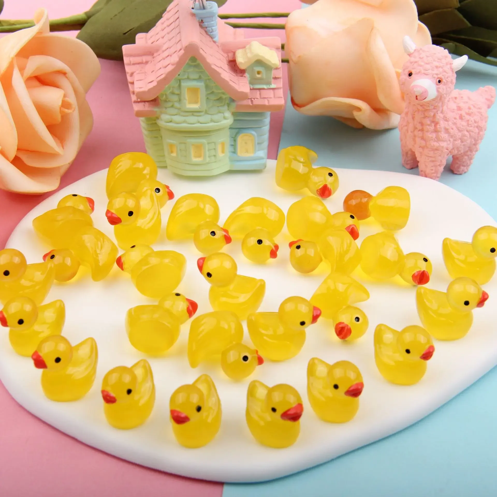 30pcs Mini Duck Cute Colorful Cartoon Duckling Luminous Hand DIY Dollhouse Miniatures Home Decor Doll Accessories Decoration