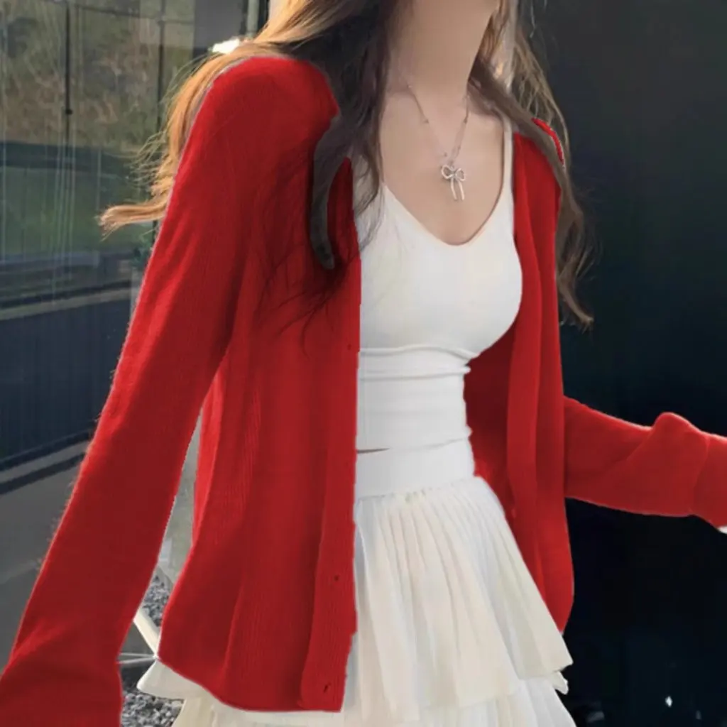 เสื้อคลุมไหมน้ำแข็งสีแดงแบบถักน้ำหนักเบาสำหรับผู้หญิง ผ้าคลุมไหล่ขนาดเล็กสำหรับฤดูร้อน เสื้อคลุมทูลล์แบบมีสายรัดด้านนอก