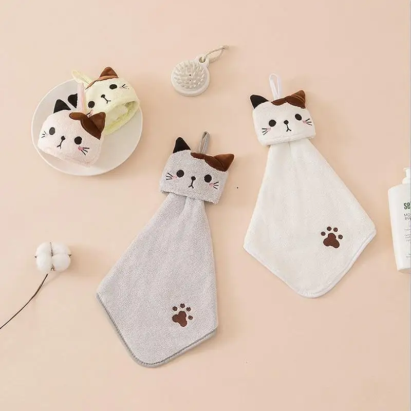 1PC Cute Cat Kitchen Cleaning Towel Hanging Hand Towels Absorbent Dishcloths Coral Velvet Soft Cleaning Cloth Rag Hand Towel