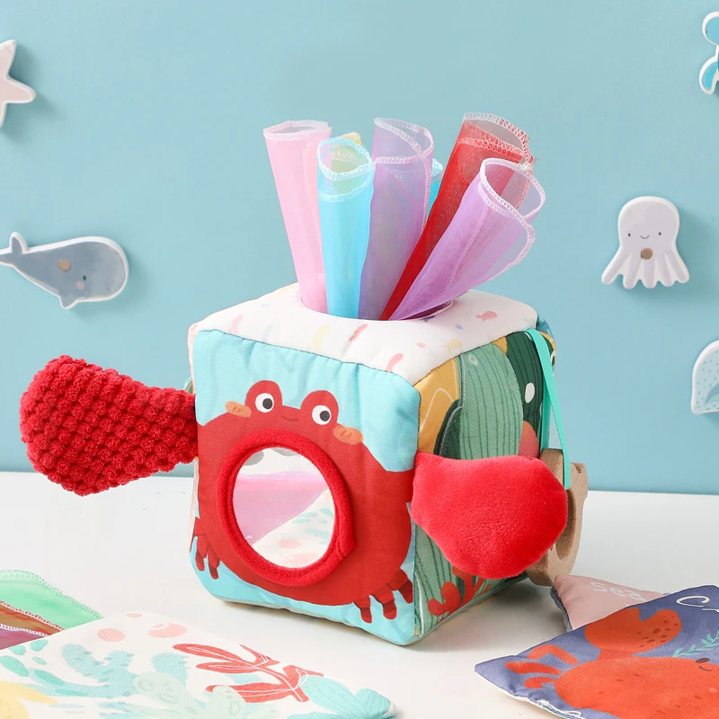 Juego de mesa ocupado para ejercicio de los dedos, sonajero suave de cangrejo de dibujos animados, libro de tela para bebé, juguete Montessori, caja de pañuelos mágicos de algodón, 1 ud.