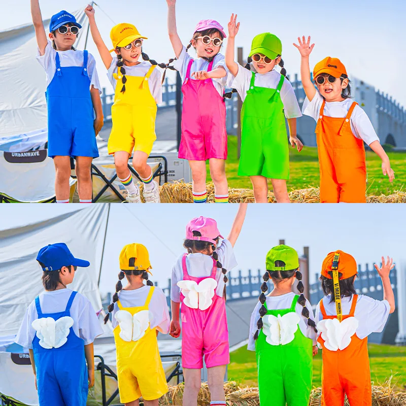 Kids Candy Color Overalls Suspender Shots with Angel Wings Summer Performance Costume Kindergarten Cheerleading Sportswear