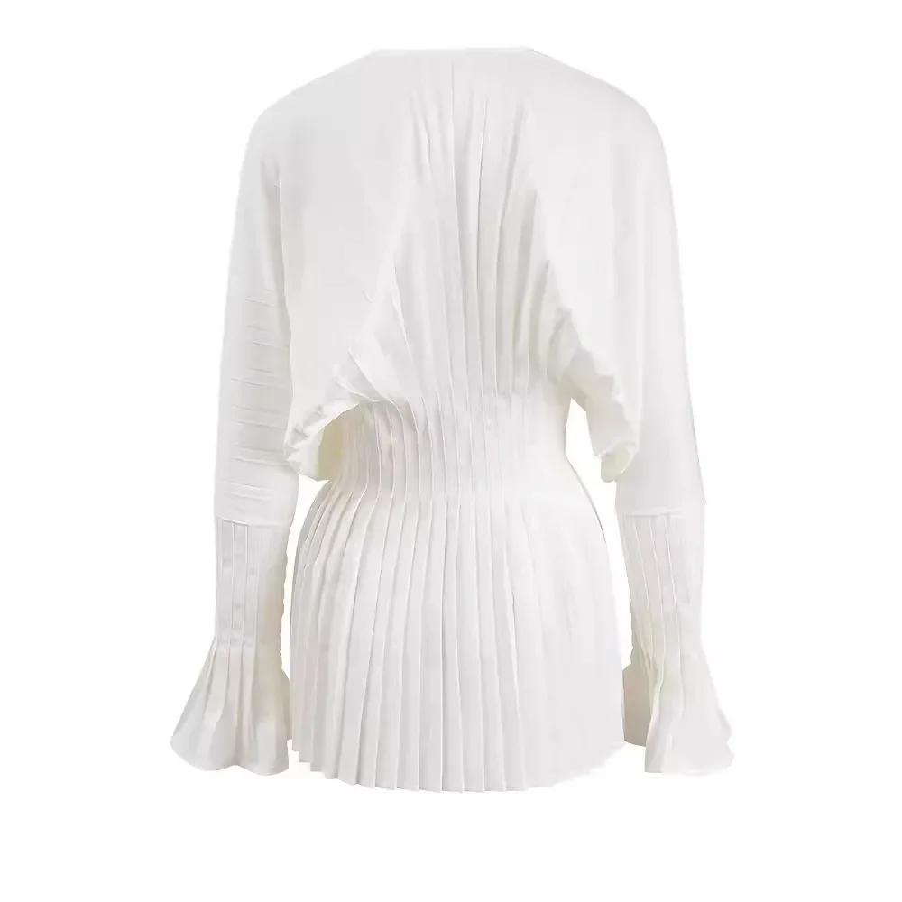 

Women Loose White V-Neck Pleated Shirts Elegant Casual Chiffon Shirt Ladies Lantern Full Sleeve Tops Blouses 2025