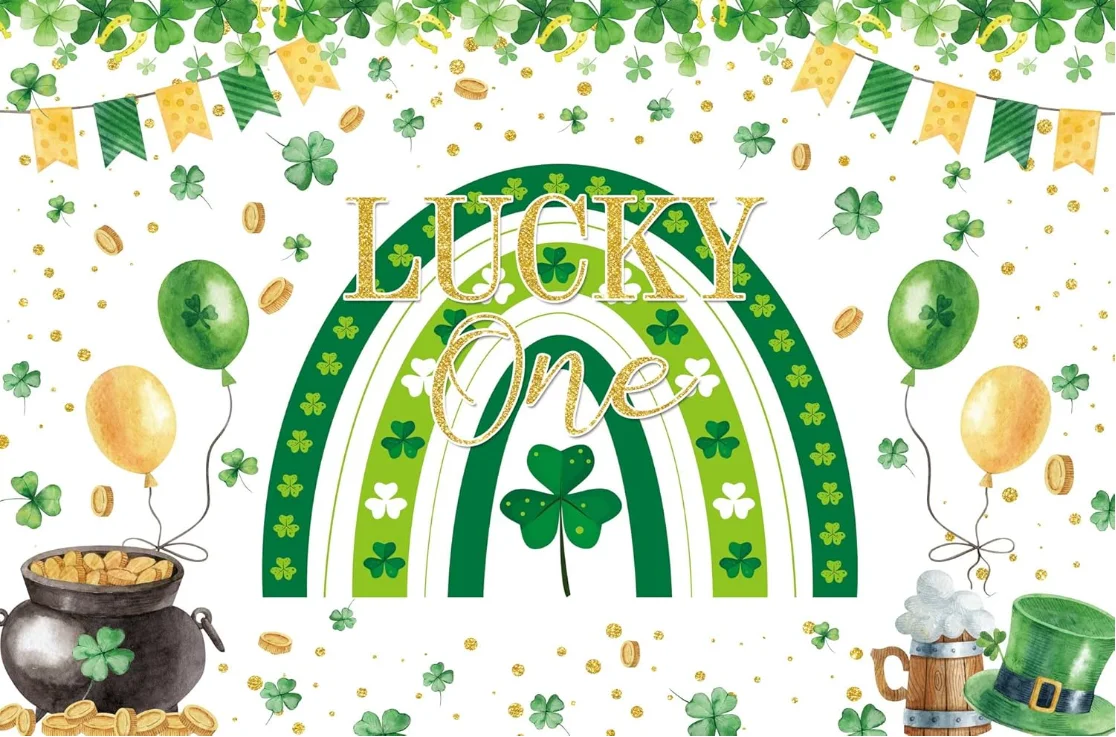 Lucky One Birthday Backdrop for Girl Green Shamrock Rainbow 1st Birthday Backdrop Green Clover Pink Floral St Patrick's Day Prop