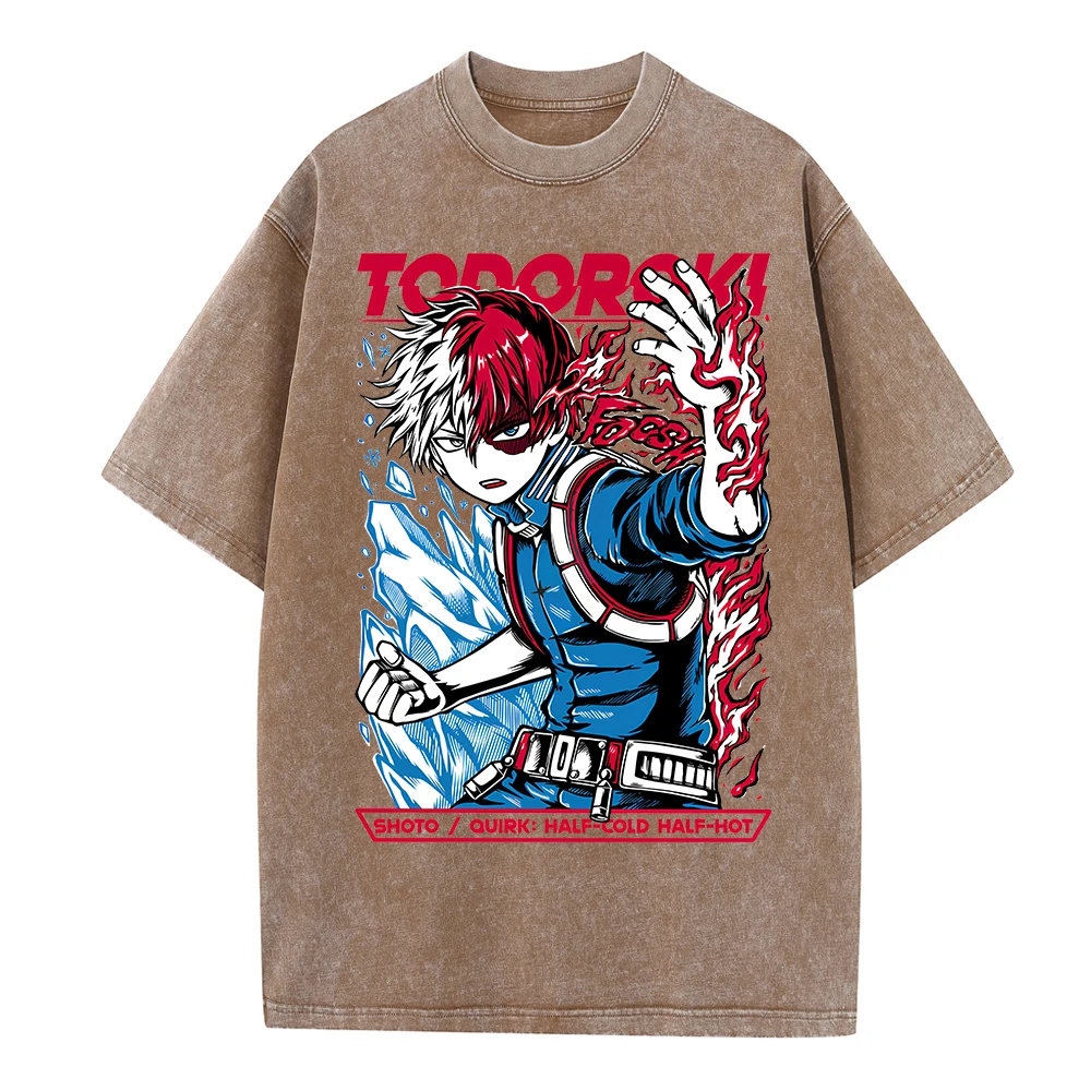 Boku No Hero Academia Acid Washed Cotton T-Shirts Shoto Todaraki Deku Harajuku O-Neck Tee Shirt