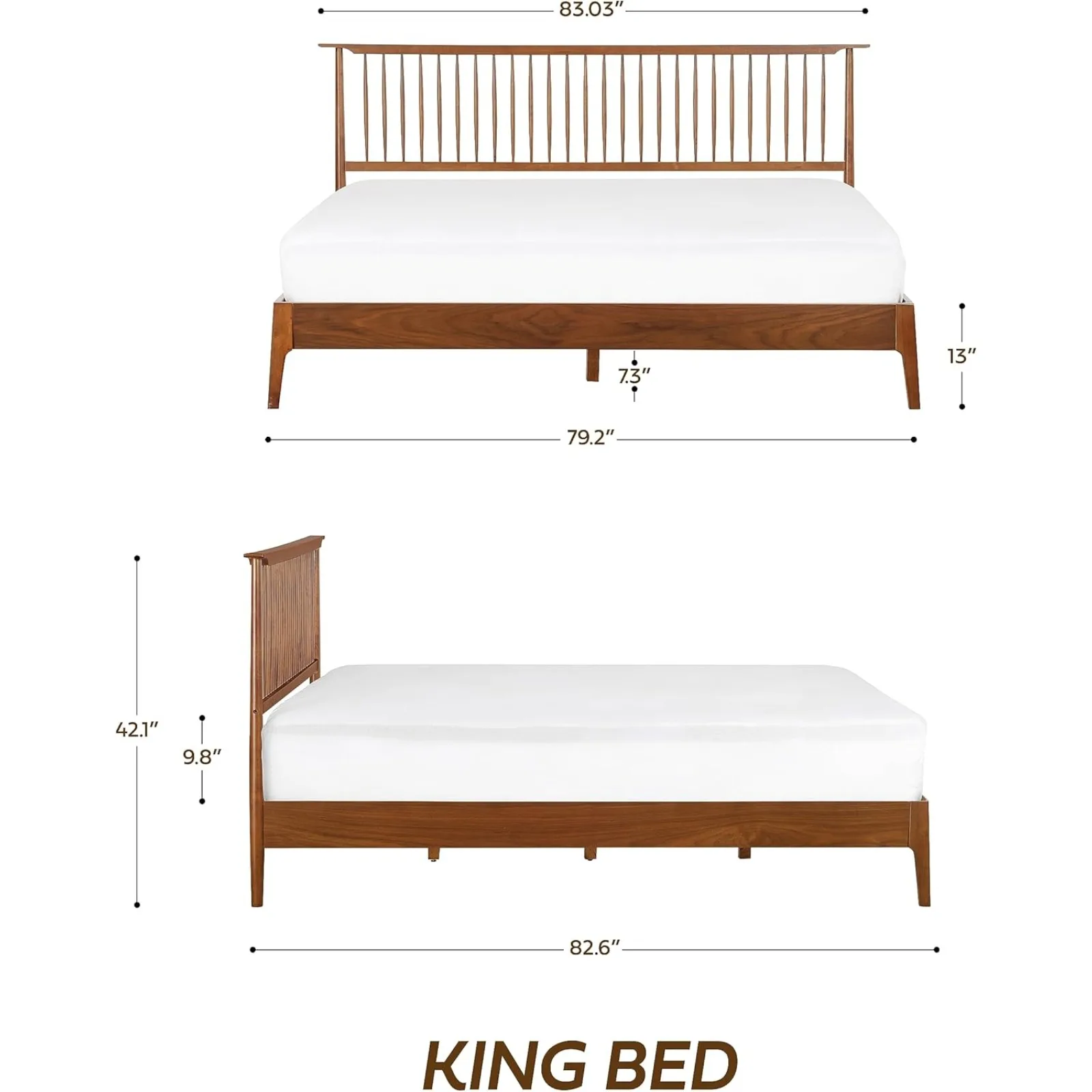 US Ruby Wooden Bed Frame with Headboard, Crafted from Walnut, Rubber Wood with Silent Slats and Wood Central Supports, 1000 Lb