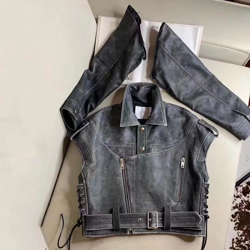 Women Coat Spring And Autumn 2023 New Fashion Natural  Real Leather Jacket Short Length Sleeve Removable Color Polishing Process