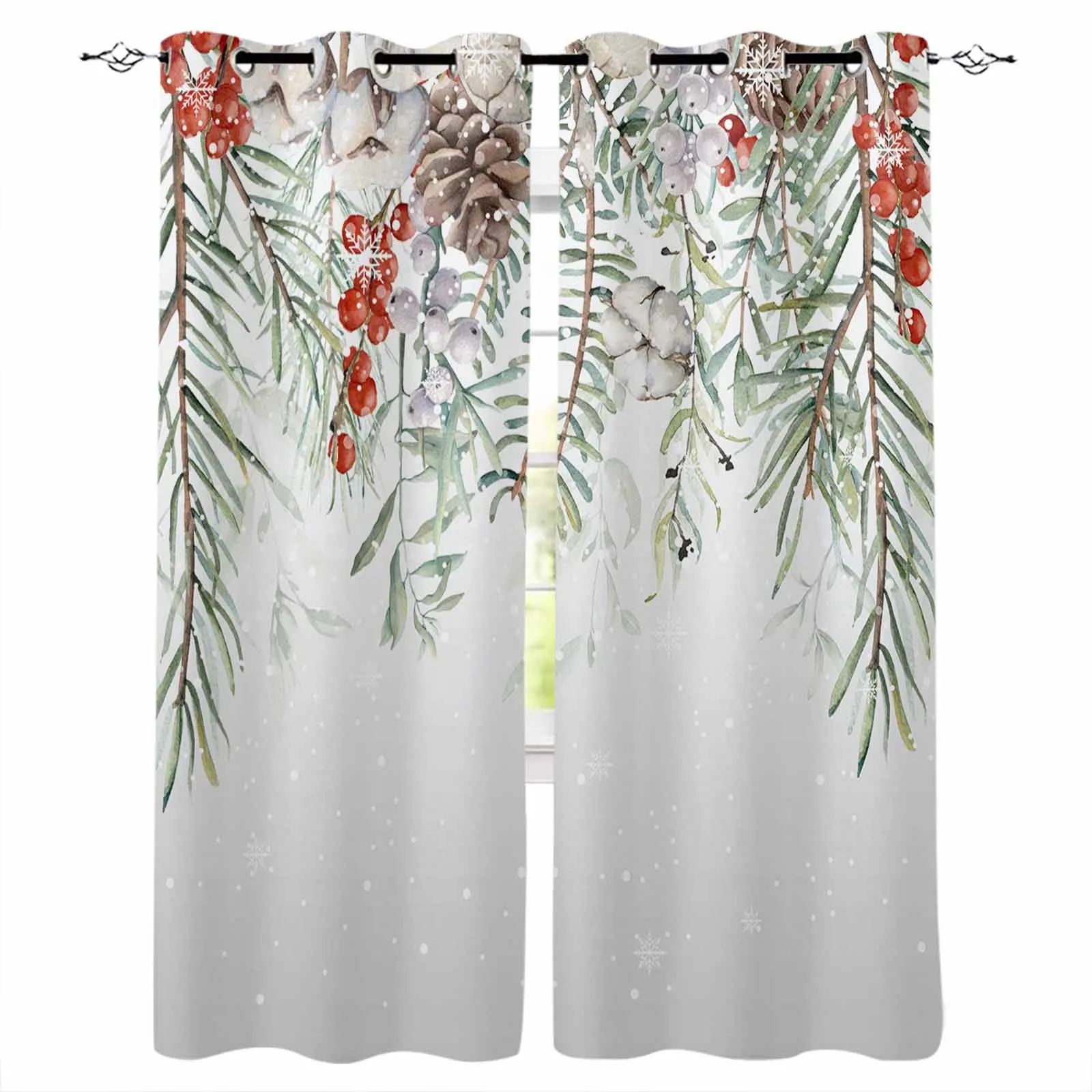 

Christmas Pine Leaves Berries Hazelnuts Snowflakes Blackout Curtains For Living Room Bedroom Window Treatment Blinds Drapes