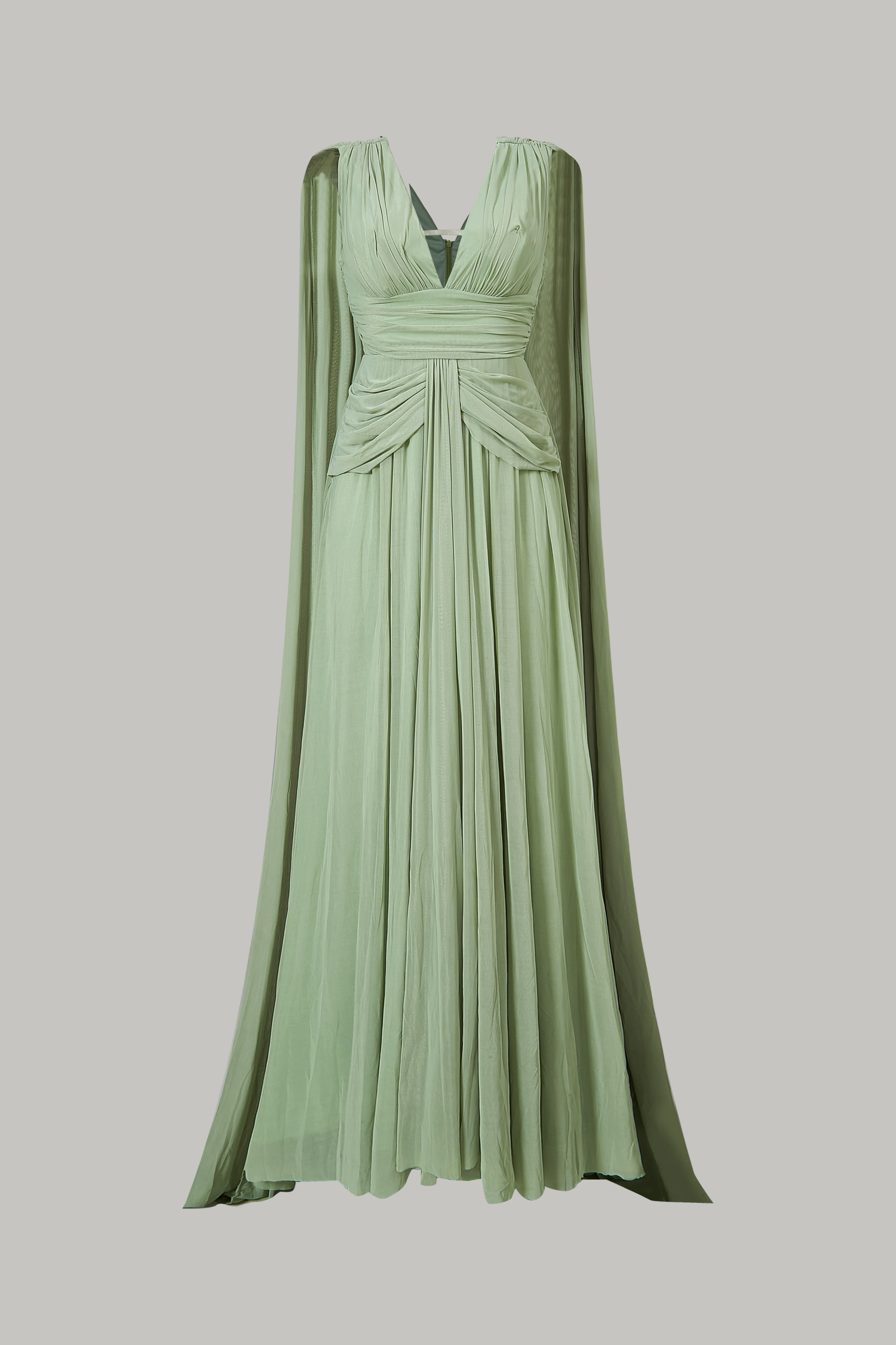 sage-green-deep-v-cape-sleeve-chiffon-long-evening-gown-with-ruched-waist-and-floor-length-design-suitable-for-bridesmaids-banquets-and-formal-parties