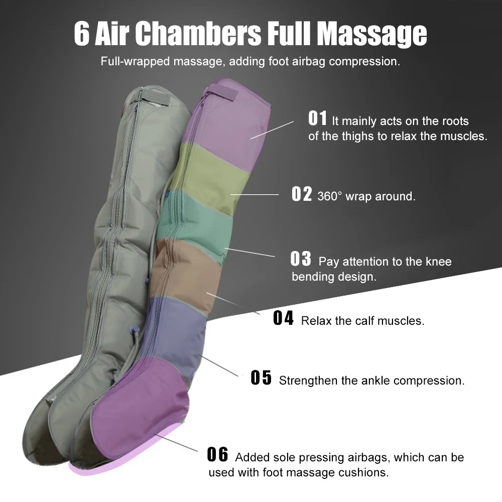 6 Section Electric Air Compression Leg Massager Waist Arm Leg Wraps Foot Ankles Calf Massage Machine Pain Relief Promote Blood