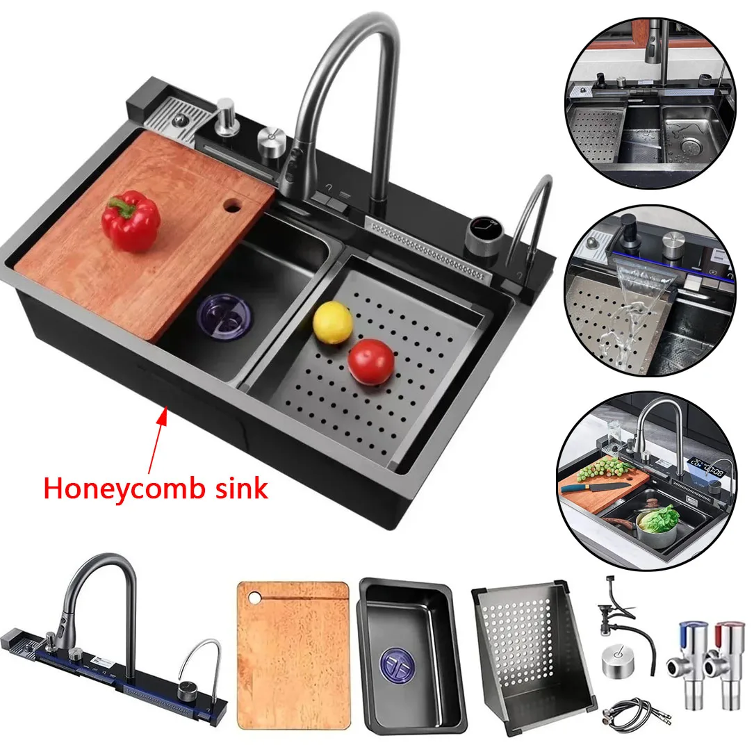 

6mm thick whale kitchen honeycomb sink 304 single slot digital display stainless steel nano home waterfall faucet