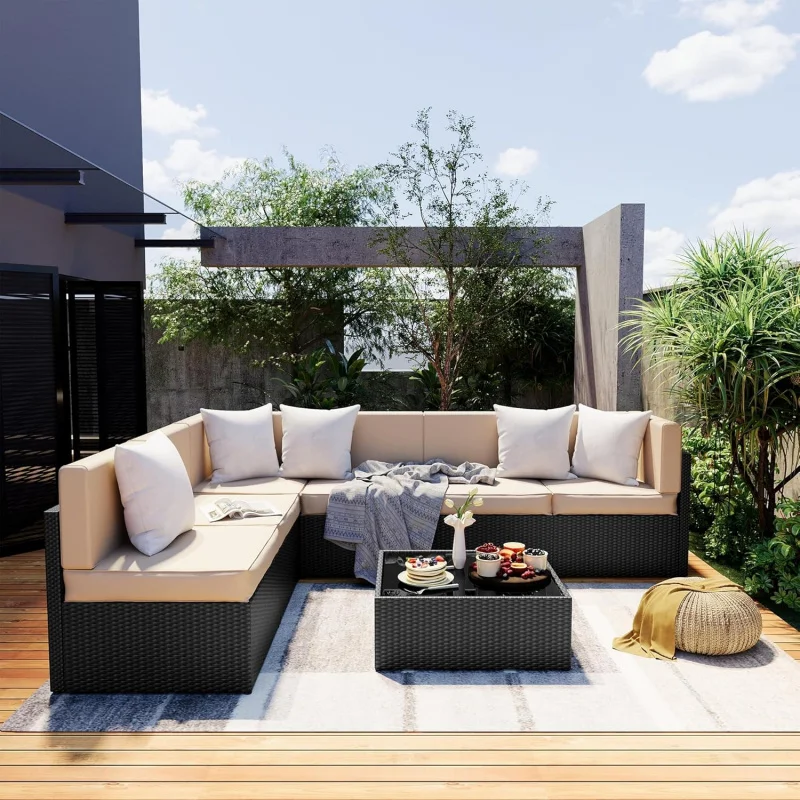 

-Piece Wicker Patio Sectional Set, All-Weather Rattan Sofa/ Coffee Table & Washable Cushion Covers, Fade-Resistant Outdoor