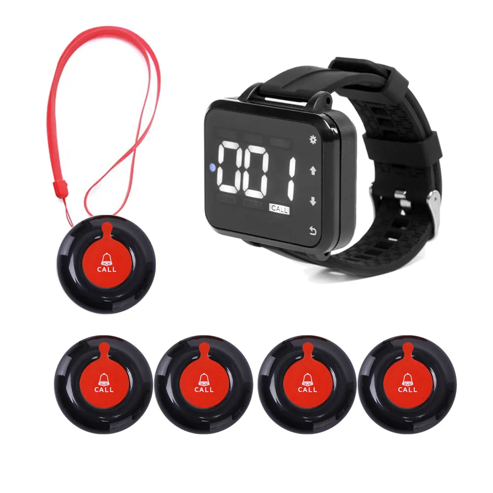 Caregiver Pager Wireless Calling System for Hospital Clinic Nursing Home 1 Wrist Watch Pager and 5 Call Button for Elderly