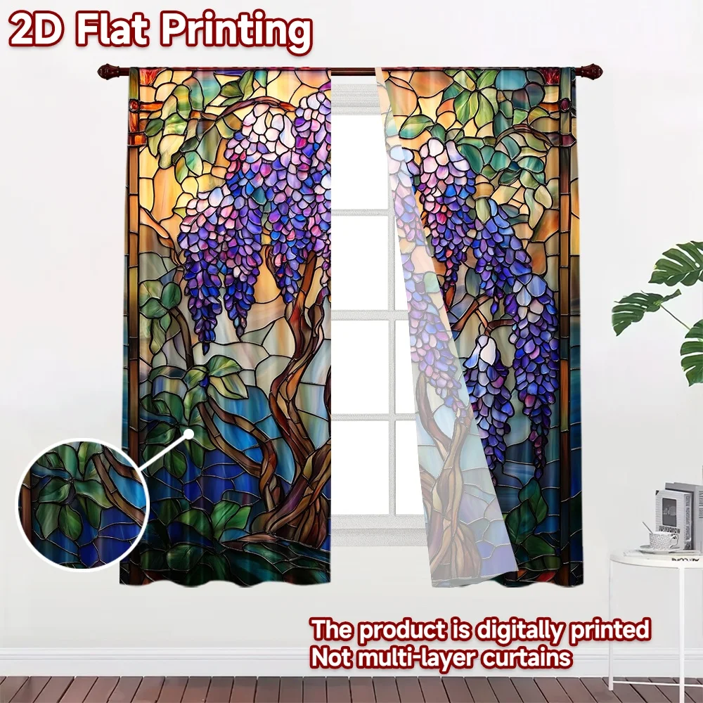2D flat 2pcs Curtain Country Style Purple Wisteria Digitally printed polyester Birthday Party Use for Festive and Winter Holiday