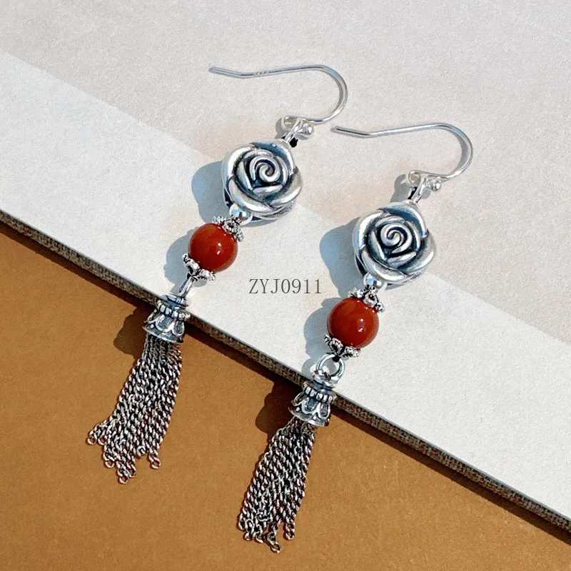 Ohrringe aus 999er Silber mit roten Achatperlen und Rosenquasten für Damen, Vintage-Stil, ethnische dreidimensionale Blume, lange Ohrringe, Schmuck