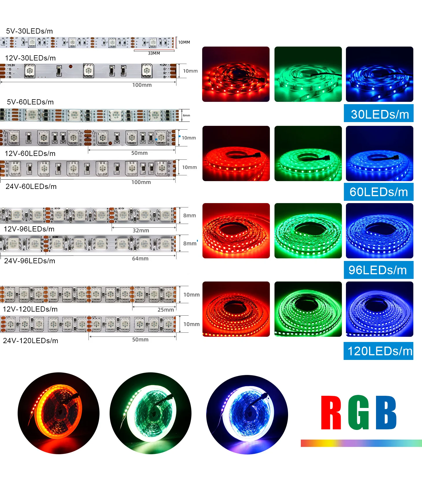 DC 5V 12V 24V Flexible RGB LED Strip Light 5050 SMD 30/60/96/120LEDs/M IP20 IP65 Waterproof 6mm 10mm LED Tape LED Strips Light