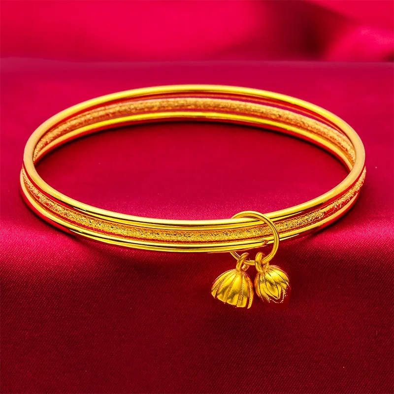 Lotus Pod Bracelet for Women, 24K Gold, AU999 | Polished 3D lotus pod with rotating seeds, auspicious zen charm for daily wear.