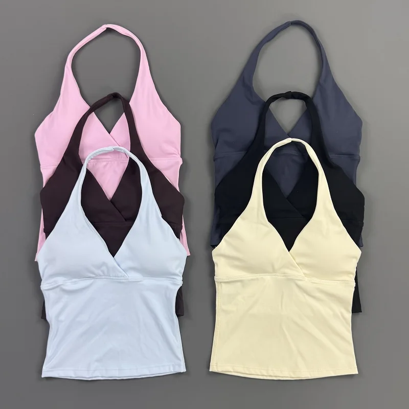 Histello Women Gym Halter Sports Tank Top Deep V Neck Padded Sleeveless Workout Crop Tank Fitness Yoga Camisole Activewear