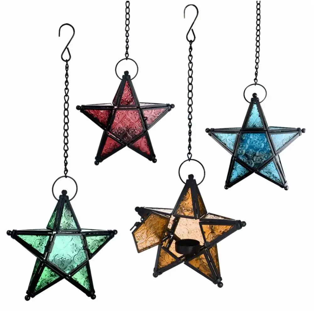 Antique Iron Art Stained Glass Wind Lamp Candle Holder Pentagonal Windproof Candlestick Morocco Bar Decoration Star Candlestick