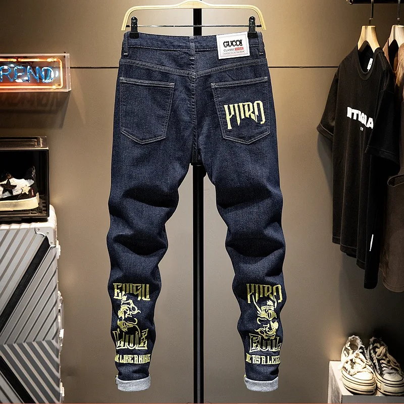 Fashionable Embroidered Jeans, Men's Trendy Original Color, Retro Washed Print, Elastic Slim Fit, Light Luxury Denim Pants