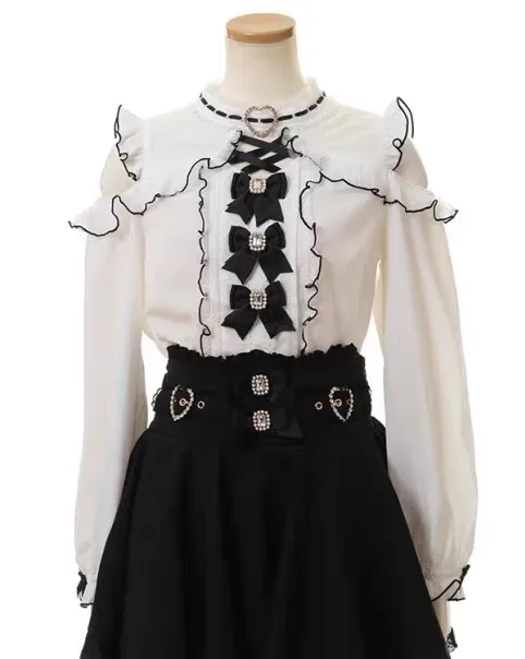 

Cute Japanese Style Production Sweet Three Knots Lace Heart Shoulder Bared Shirt Women's Breathable Lightweight Sum...