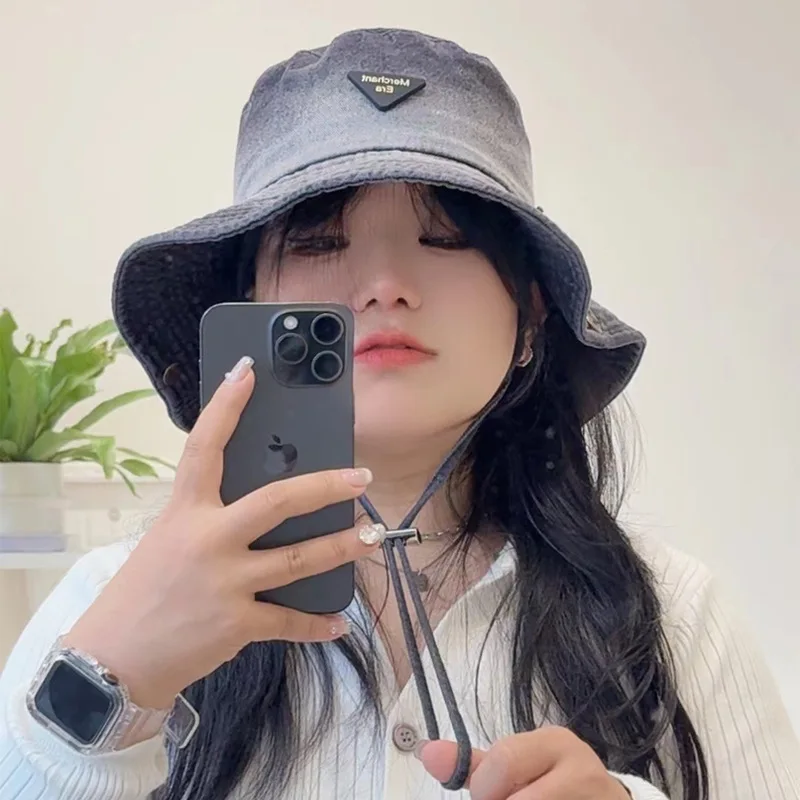 Retro Gradient Denim Bucket Hat Wide Brim Sunshade Outdoor Camping Climbing Adjustable Windproof String Breathable Unisex Cap