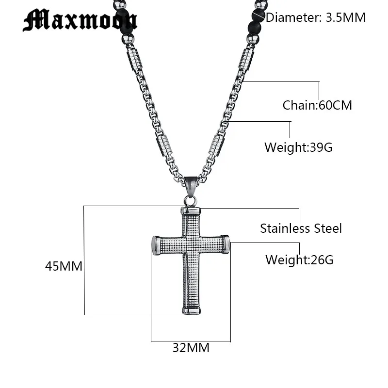 Maxmoon 3.5mm Black stone Beads with Stainless Steel  cross Pendant Mens Rosary Necklace Mens Mala jewelry