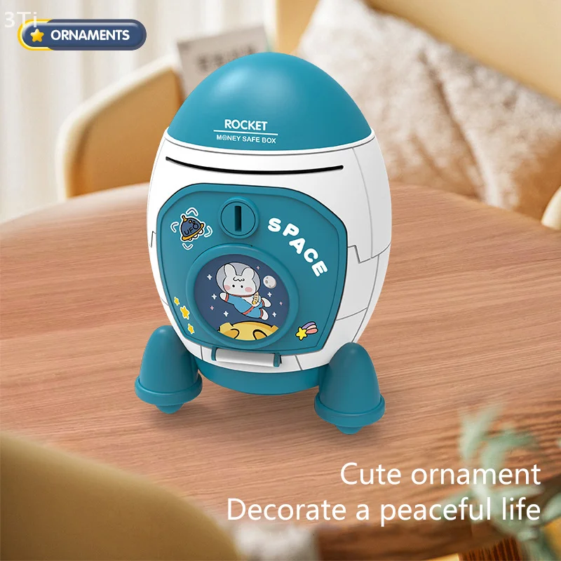 かわいい子供貯金箱漫画ステッカー多目的スペースロケット形状キャッシュボックスプラスチック貯金箱子供のギフトのおもちゃ