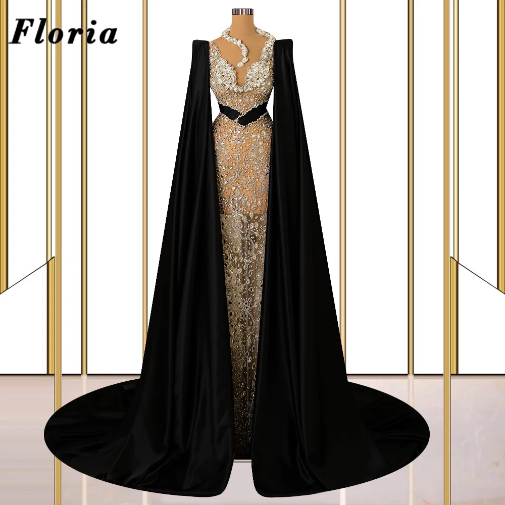 3 Designs Black Cape Sleeves Evening Dresses Middle East Dubai Beaded Crystals Party Dress Prom Engagement Dress Vestido De Gala