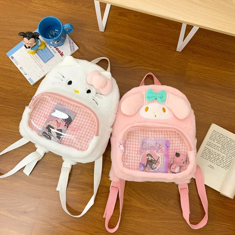 Sanrio Hello Kitty Leuke en lieve studentenschooltas Kuromi Cartoon pluche mode Veelzijdige lichtgewicht transparante rugzak