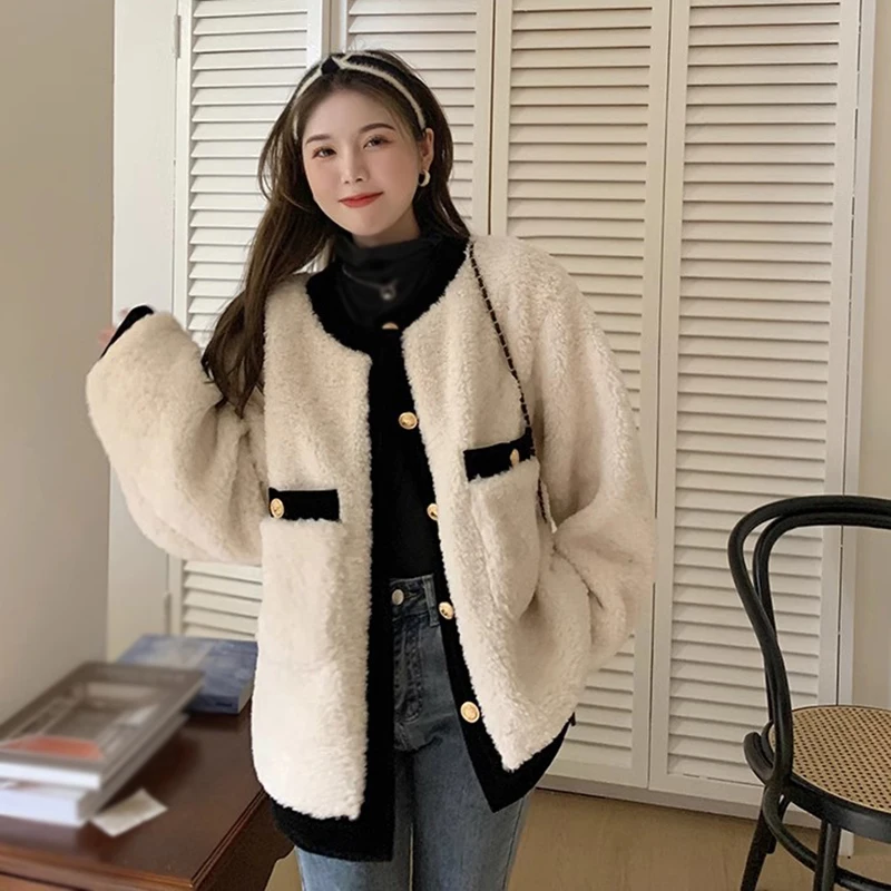 Loose Fashion Temperament Autumn Winter O Neck Korean Version Women\'s Overcoat Single Breasted Berber Fleece Overcoat