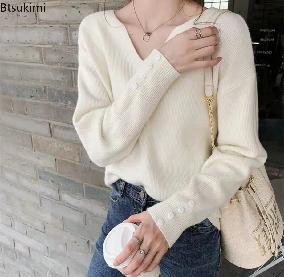 

Autumn Winter Solid V Neck Sweater Pullovers Women 2025 Loose Button Pullover Women Soft Sweater Jumper Fashion Versatile Tops