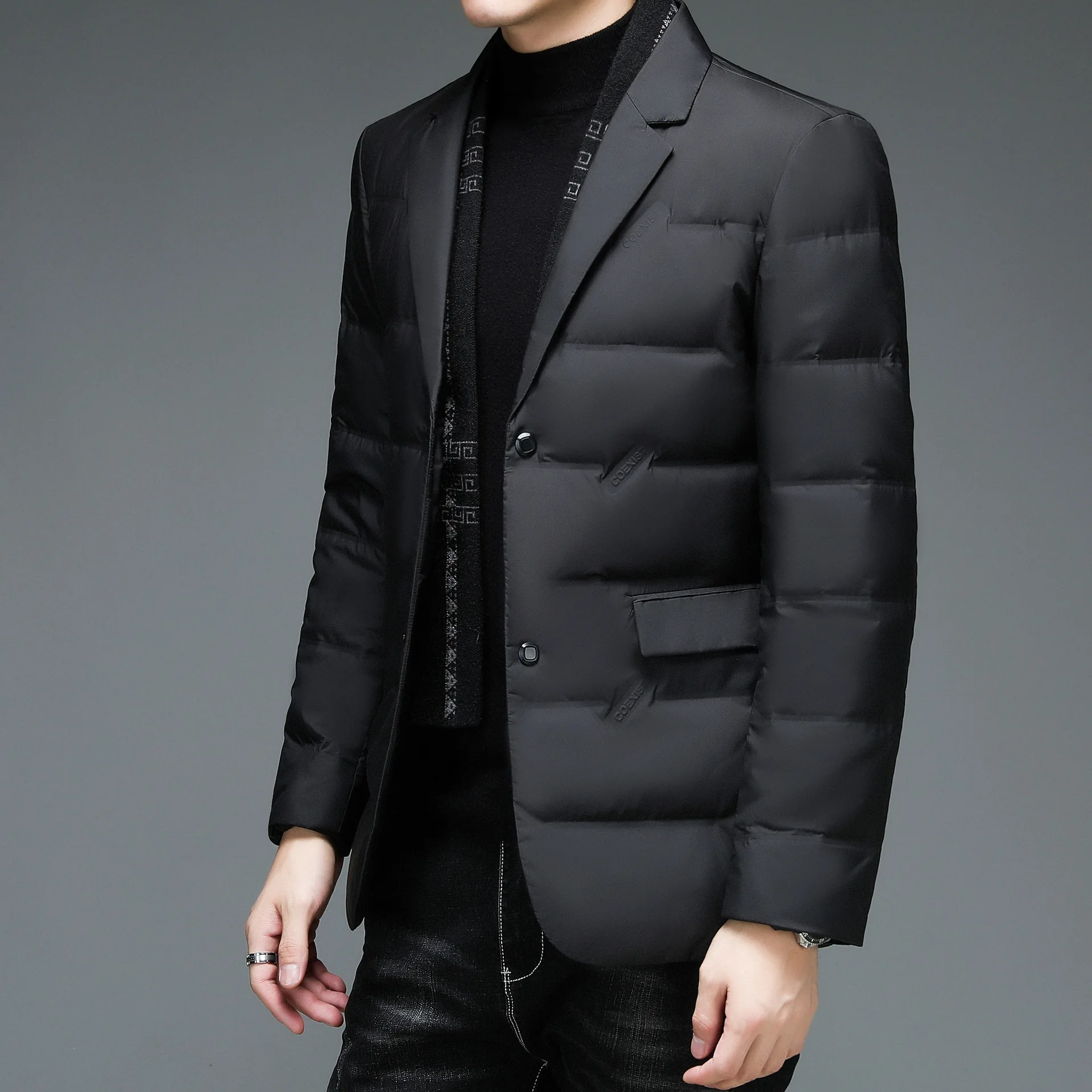 Winter new men's suit collar down jacket light luxury fashion thermal belt scarf casual down suit jacket men