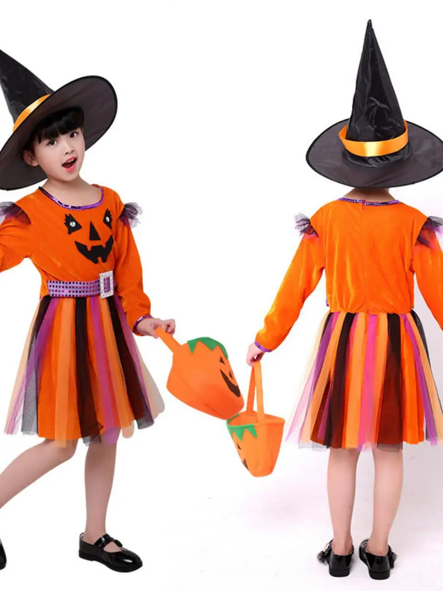로우인 어린이 공연 의상 소녀 마녀 복장 호박 디자인 귀여운 요정 테마 파티 유치원용