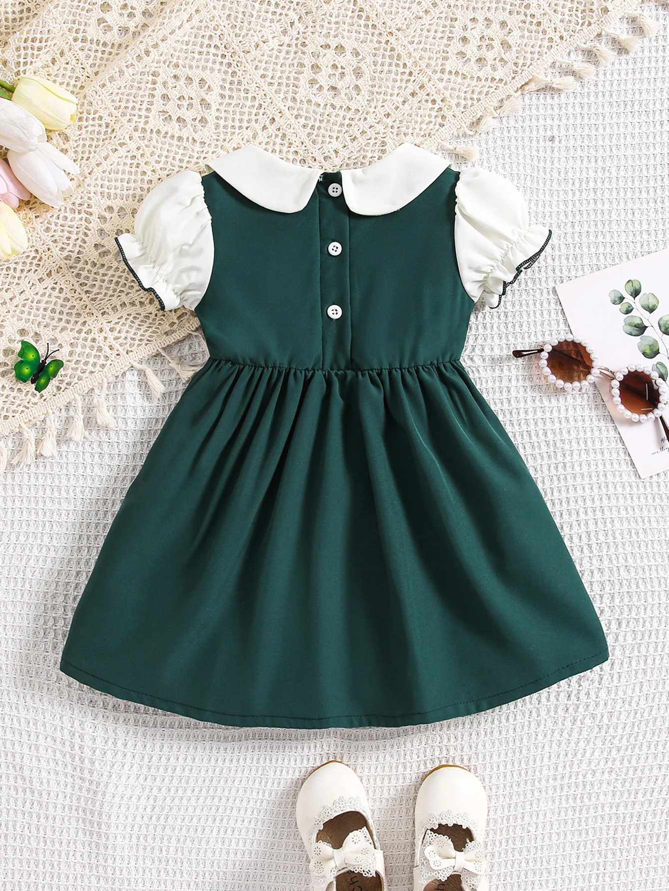 Cute Baby Girl Pastorale Style Dress with Bubble Short Sleeved Doll Collar&Lace Frame Dress for Girls Aged 1-3 Ranch Photography