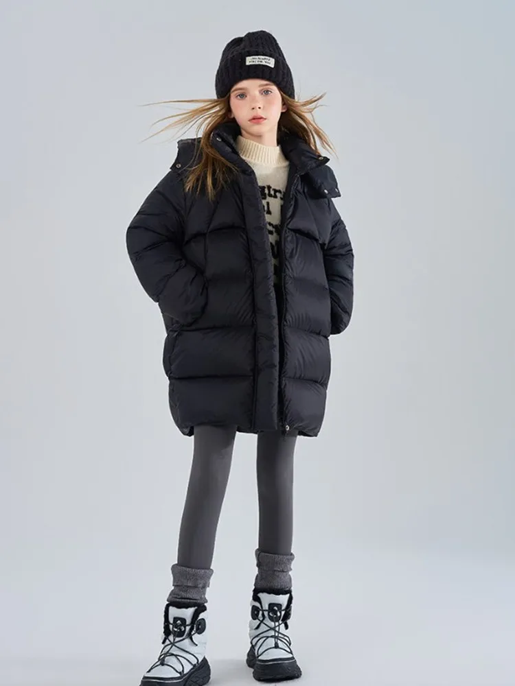 Mädchen Winter Kapuzen-Pufferjacke, mittellange, dicke, warme Daunenjacke für Kinder, einfarbig, winddichte Oberbekleidung für ältere Mädchen, Schneemantel. – Detail 11