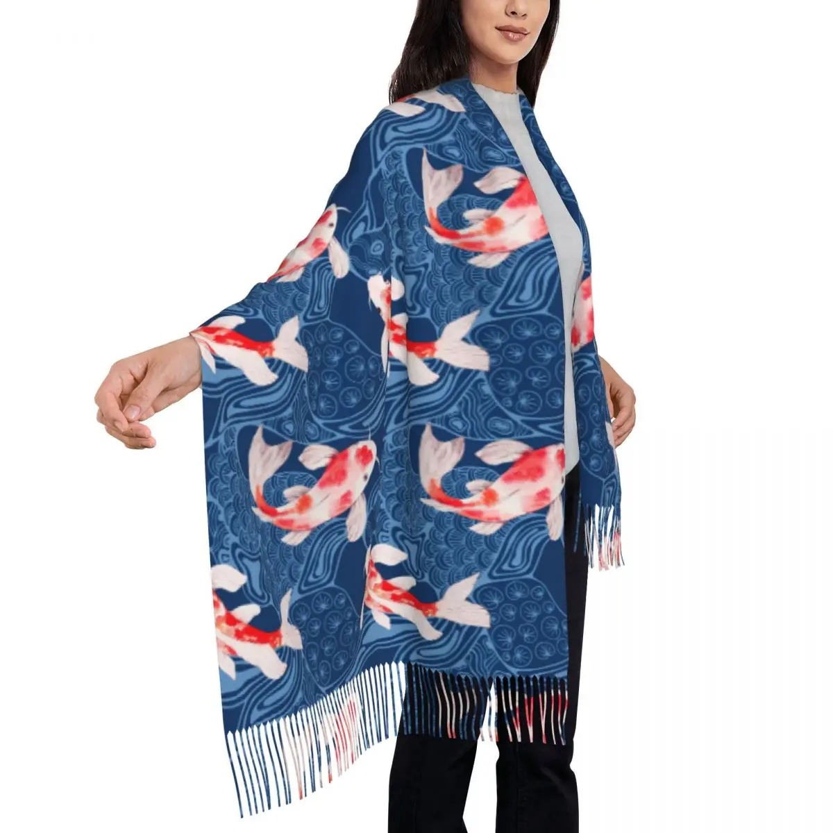 Poisson Koi d'interconnexion avec des vagues japonaises pour femmes, châle Pashmina, écharpe à franges, longue et grande écharpe