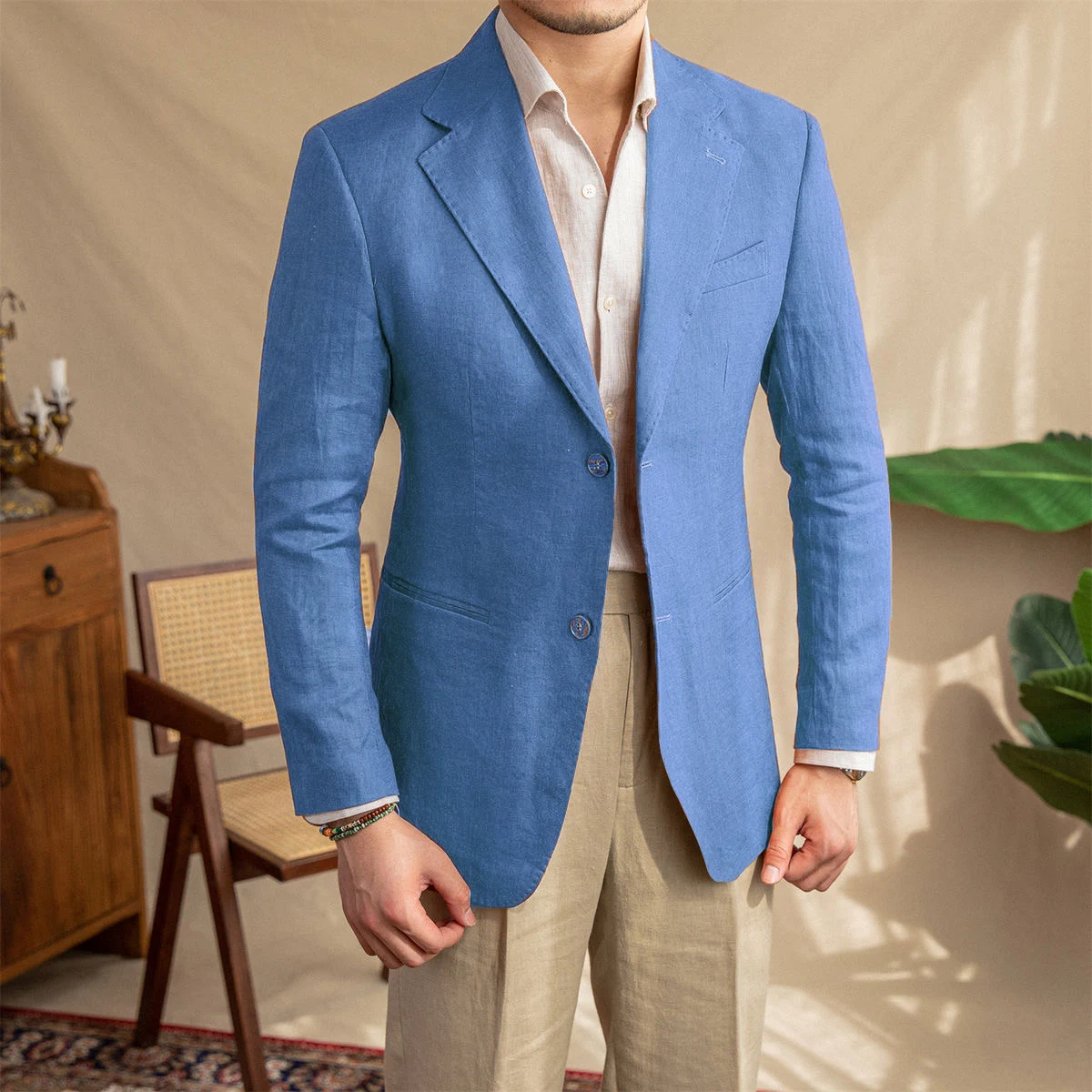 

Custom Blue Linen Male Blazer Hombre Summer High Quality Slim Fit Elegante Jacket for Wedding Prom Business Saco Hombre Casual