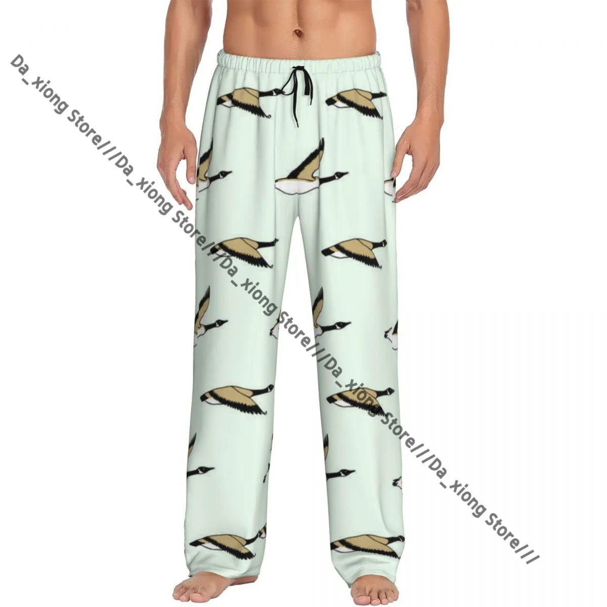 Mens Casual Pajama Long Pant Loose Elastic Waistband Hand Drawn Wild Goose Pattern Cozy Sleepwear Home Lounge Pants