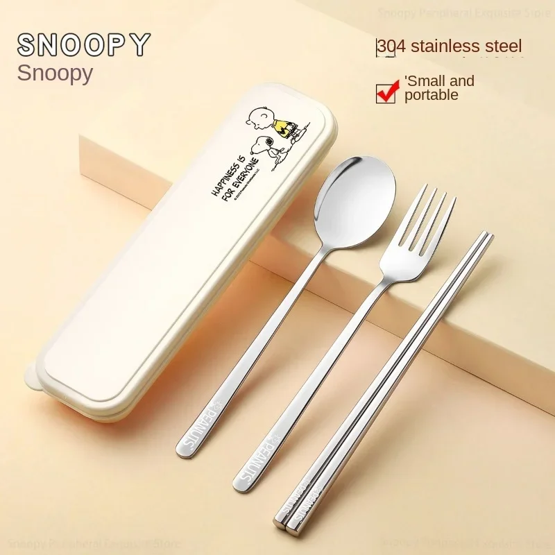 Aço inoxidável Snoopy Louça Set, Pauzinhos e Colher, Portátil, Viagem, Escritório, Estudante, Caixa De Armazenamento, Presente De Aniversário, 3 Pcs