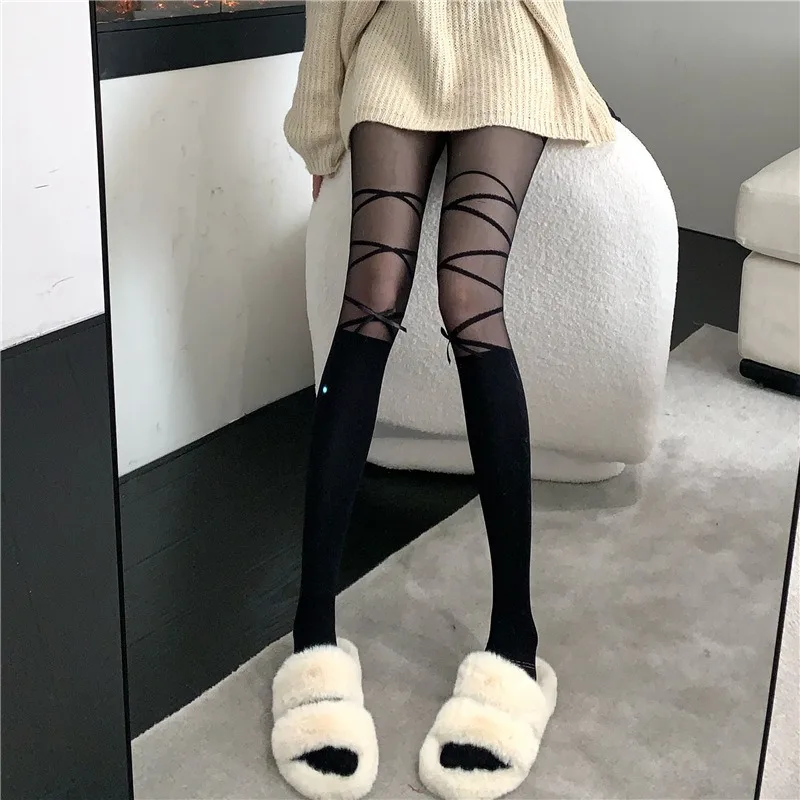 Girls Sexy Black Lace-up Cross Bow JK Pure Desire Girls Pantyhose Patchwork Mid-tube Socks Sexy Stockings