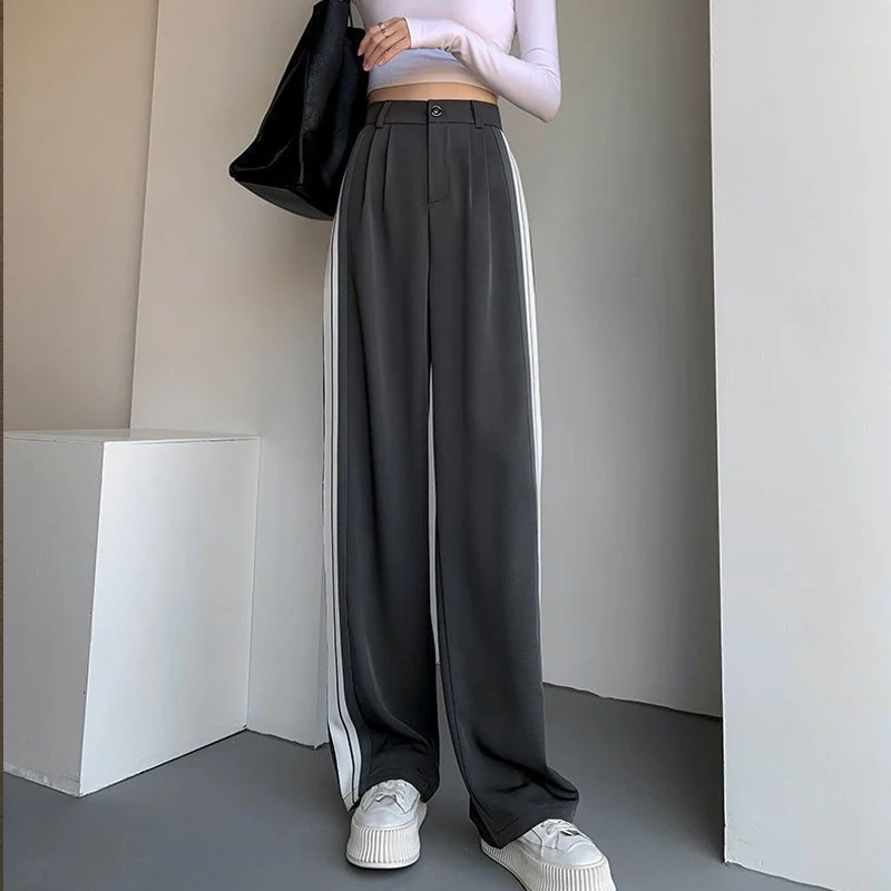 

New Basic Gray Suit Pants Women Korean Fashion High Waist Straight Stripe Wide Leg Pants Spring Autumn Leisure Baggy Trousers