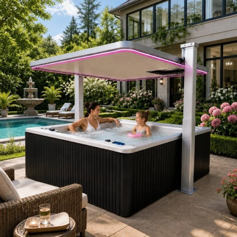 a*-Factory Direct CE Acrylic 5 Person Massage Jets LED Ozone Lifting Cover Spa Hot Tub for Outdoor Backyard Hotel Customized.