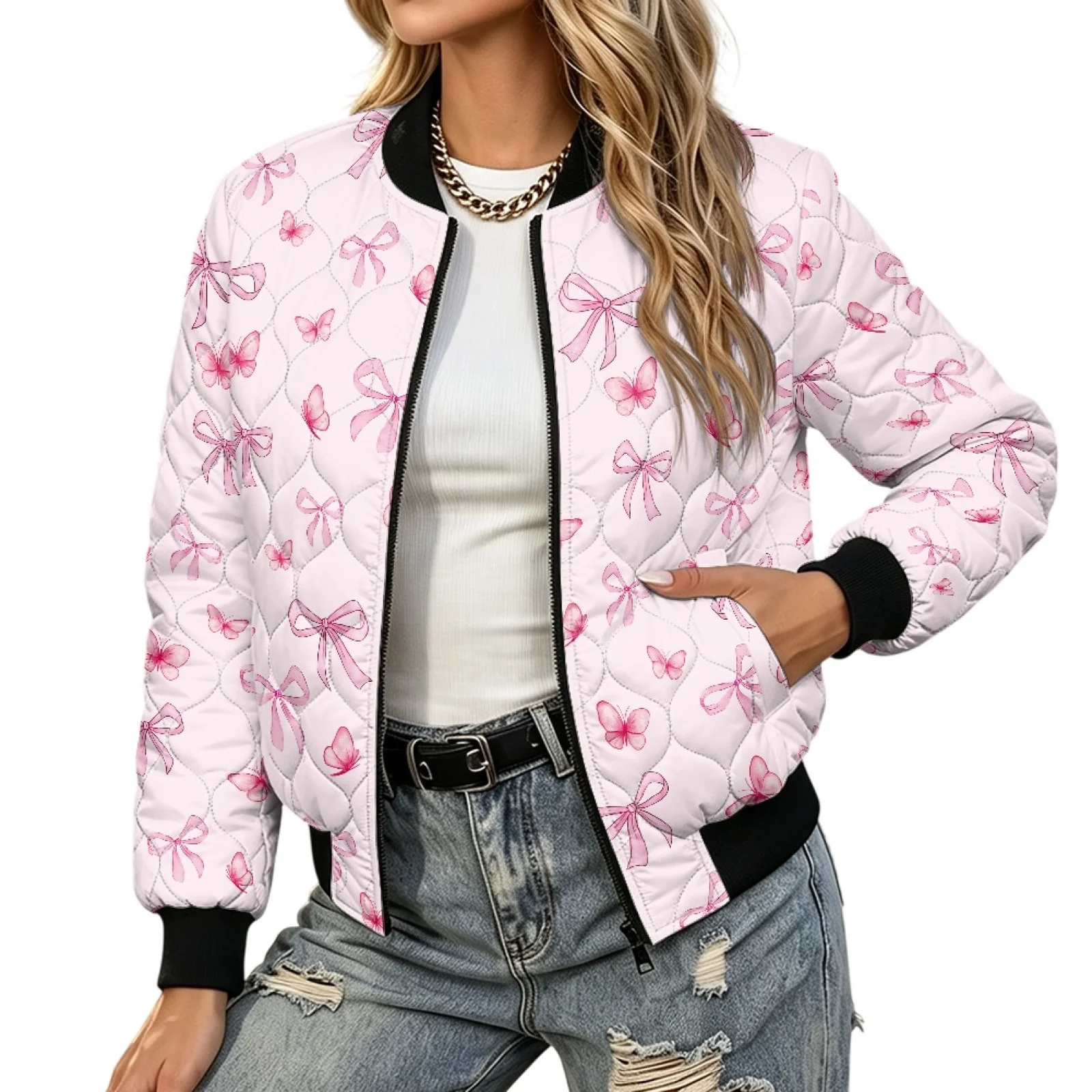 PENSTROLL Pink Bow Print Women Everyday Wear Long Sleeve Padded Zip Bomber Jacket Water-Resistant Open Front Coat for Commuting