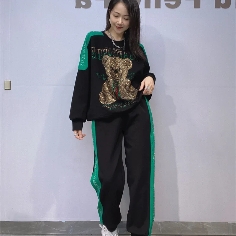 

Patchwork Two Piece Sets Womens Outifits Cartoon Bear Diamonds Loose Clothes Casual Side Stripe Tracksuit Tops and Long Pants