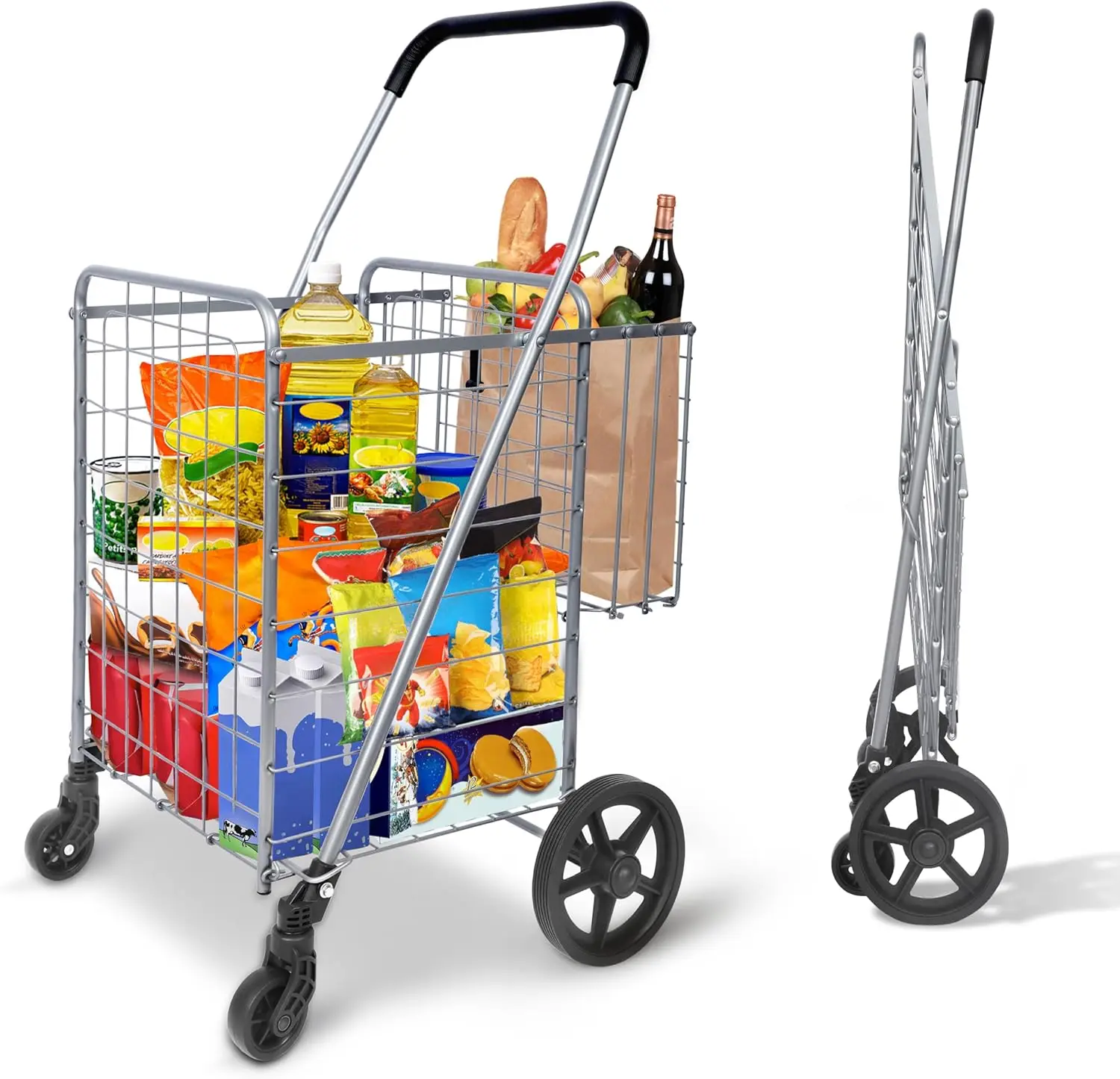 

Сверхмощная складная корзина для покупок с двойной корзиной, 360° ° Поворотные колеса, емкость 115 л для продуктов и путешествий.