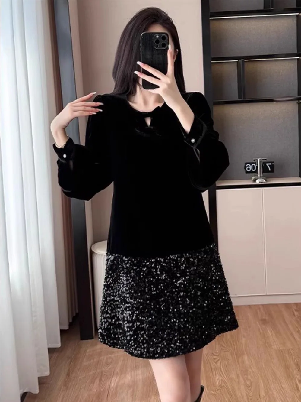 

Женское платье Ele Bla Long Sve Hepburn в стиле А-силуэта для осени и зимы, больших размеров, теплое, для повседневной носки, маленькое черное платье