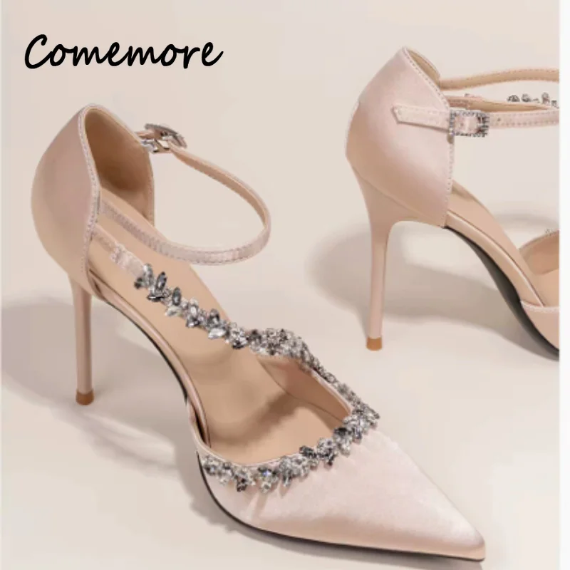 Comemore 6/8/10CM New Chunky-Heel Women\'s Sandals Rhinestone High Heels Luxury Party Wedding Summer Heeled Pumps Ladies Shoes