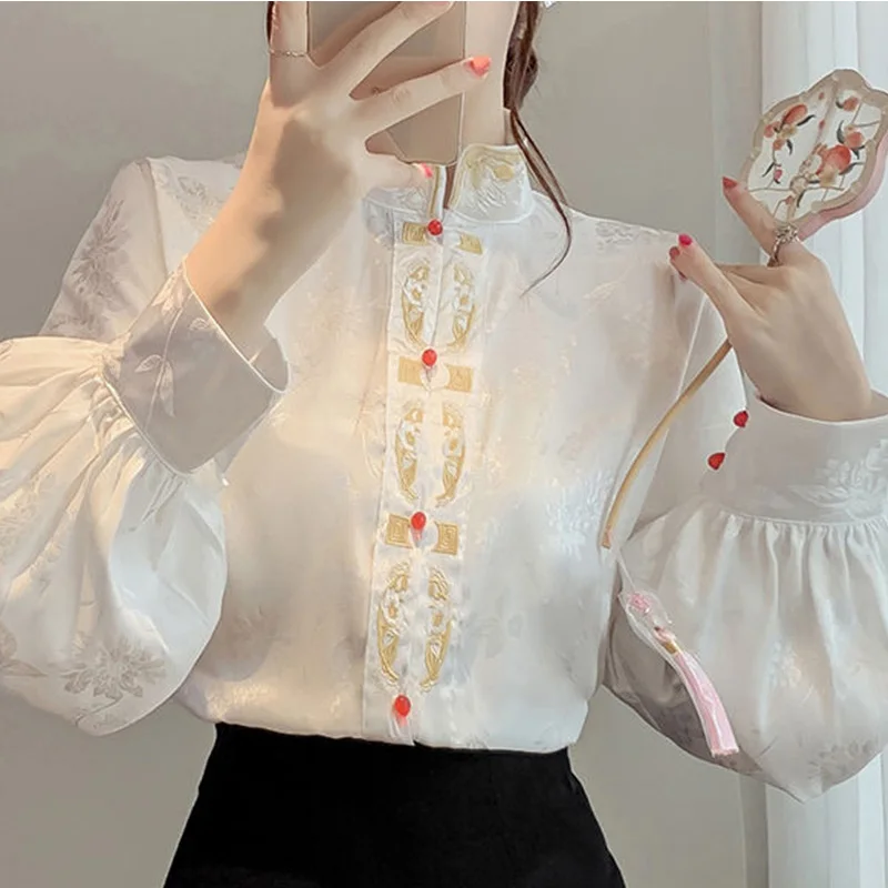 2024 New Summer Elegant Fashion Solid Color Print Retro Office Lady Women\'s Clothing Chinese Style Embroidery Turtleneck Tops