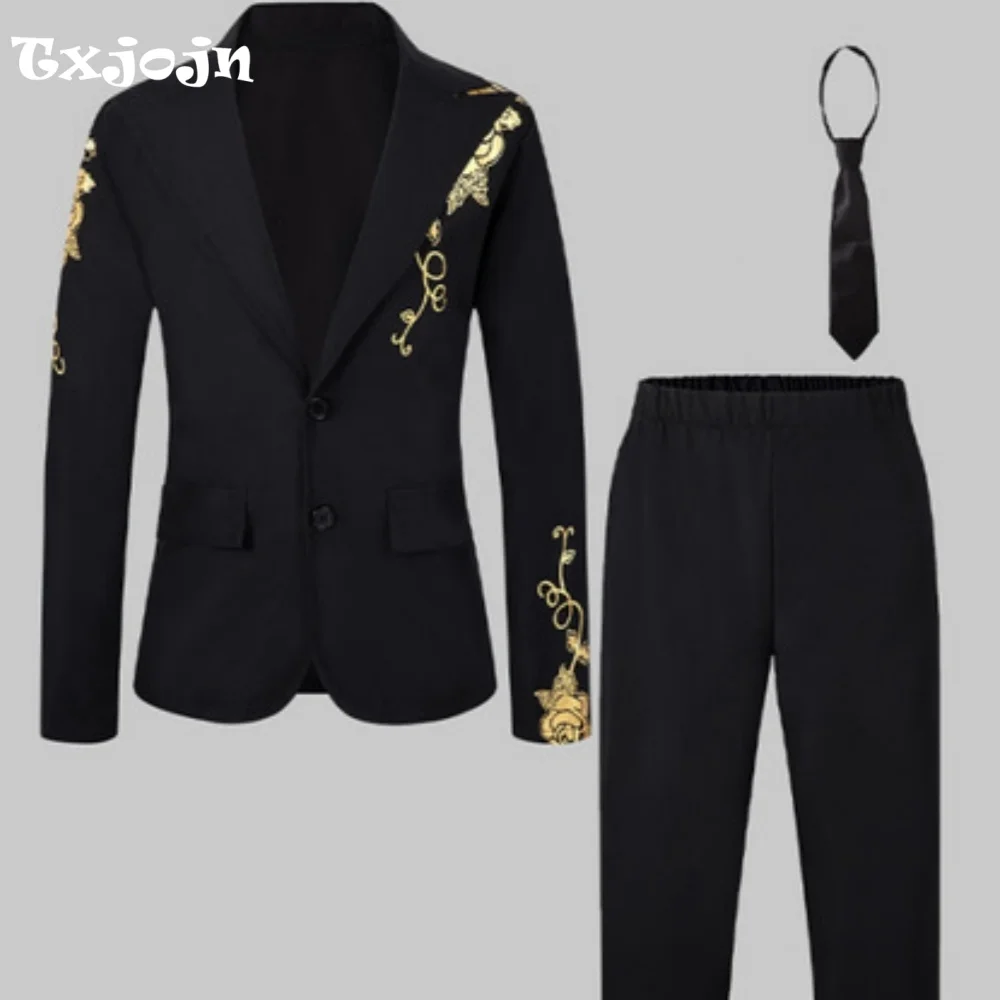 Formal Boys Suit Fashion Homecoming Tuxedos 3-piece Set Performance Costume Gold Foil Printed Blazer Pants Tie for Party