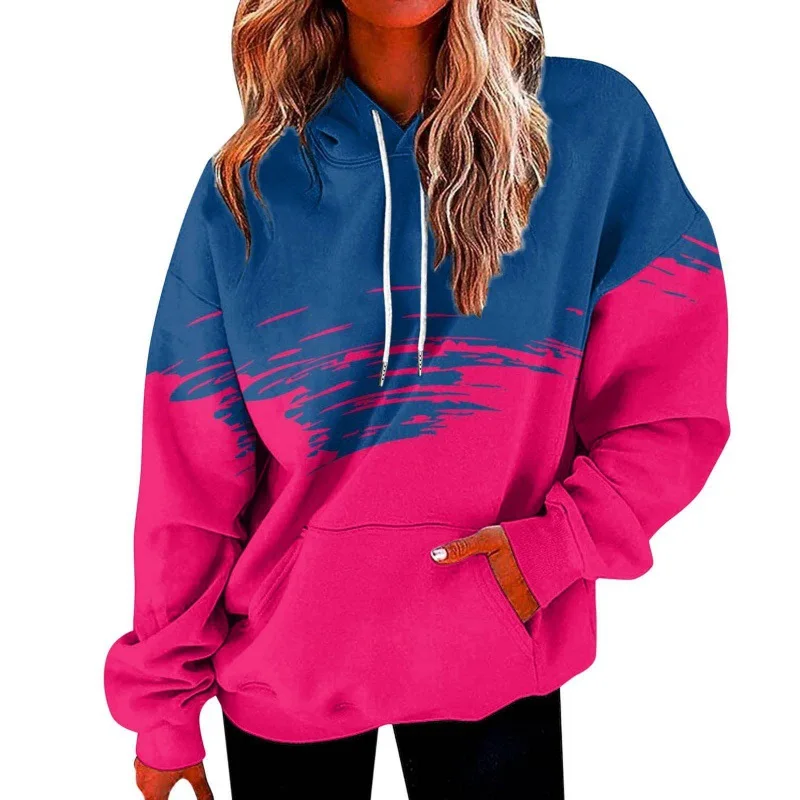 2024 Spring and Autumn Gradient Elements Rose Pattern Simple Hooded Sweatshirt Casual Loose Fit Plus Size Women's Teen Daily Hoo